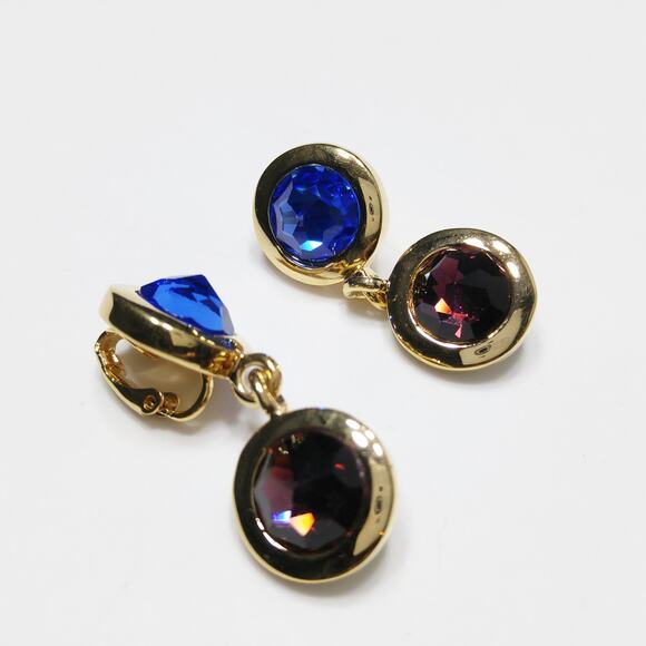 Swarovski Gold Plated Drop Earrings, Blue Green Purple Crystals, 1990s Swan Logo - Picture 2 of 10